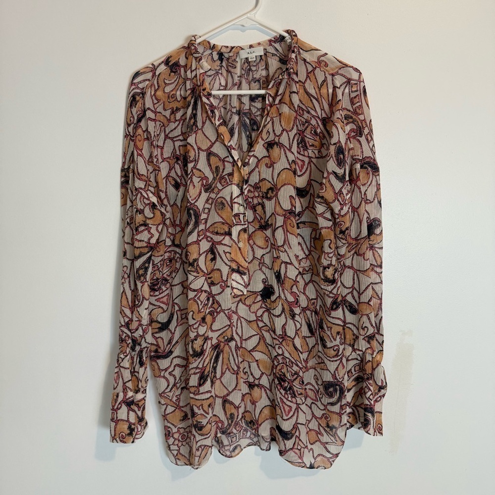 A.L.C. Multicolor Nomad linen silk blend Voile Long Sleeve Top SZ S/XS v neck